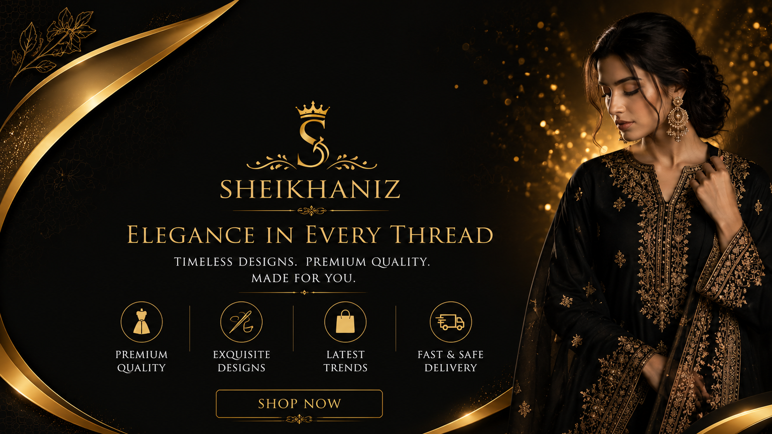 A promotional banner for Sheikhaniz featuring a woman in a black embroidered traditional outfit with gold detailing, set against a dark background with gold decorative flourishes and text highlighting the 'New Collection 2026'.