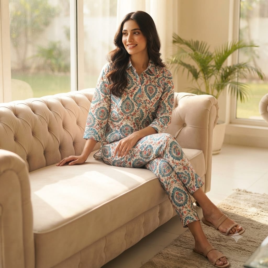 A woman wearing a matching two-piece printed pajama set sits on a beige tufted sofa in a bright, modern living room. The pajama set features a detailed geometric and floral mandala pattern in teal, rust orange, and cream.