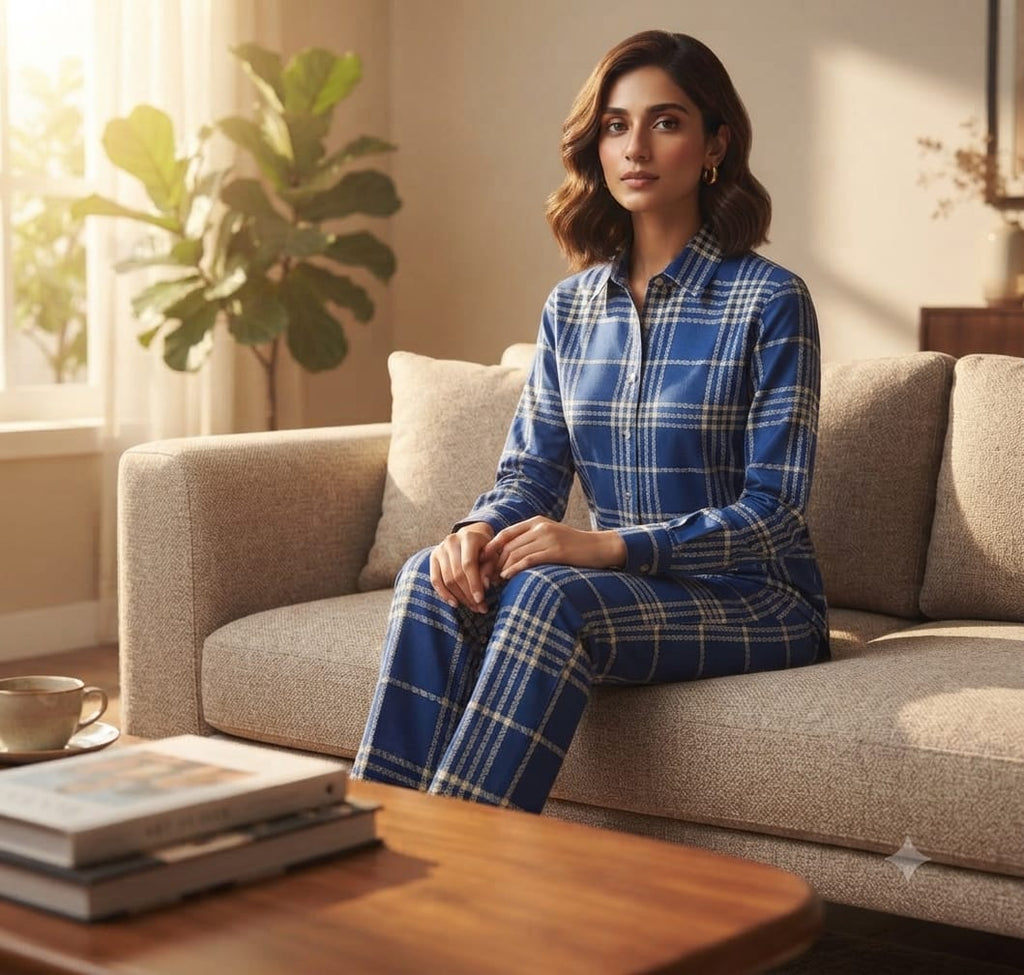 A woman sits on a beige sofa wearing a blue and white plaid long-sleeve top and matching pants in a warm, sunlit living room. A coffee table with books and a cup is in the foreground, and a plant is visible near the window in the background.