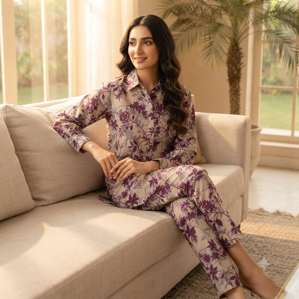 A woman wearing a matching floral pajama set sits on a beige sofa in a bright living room. The set includes a long-sleeve button-up shirt and coordinating pants, featuring a purple and green floral pattern on a light beige background.
