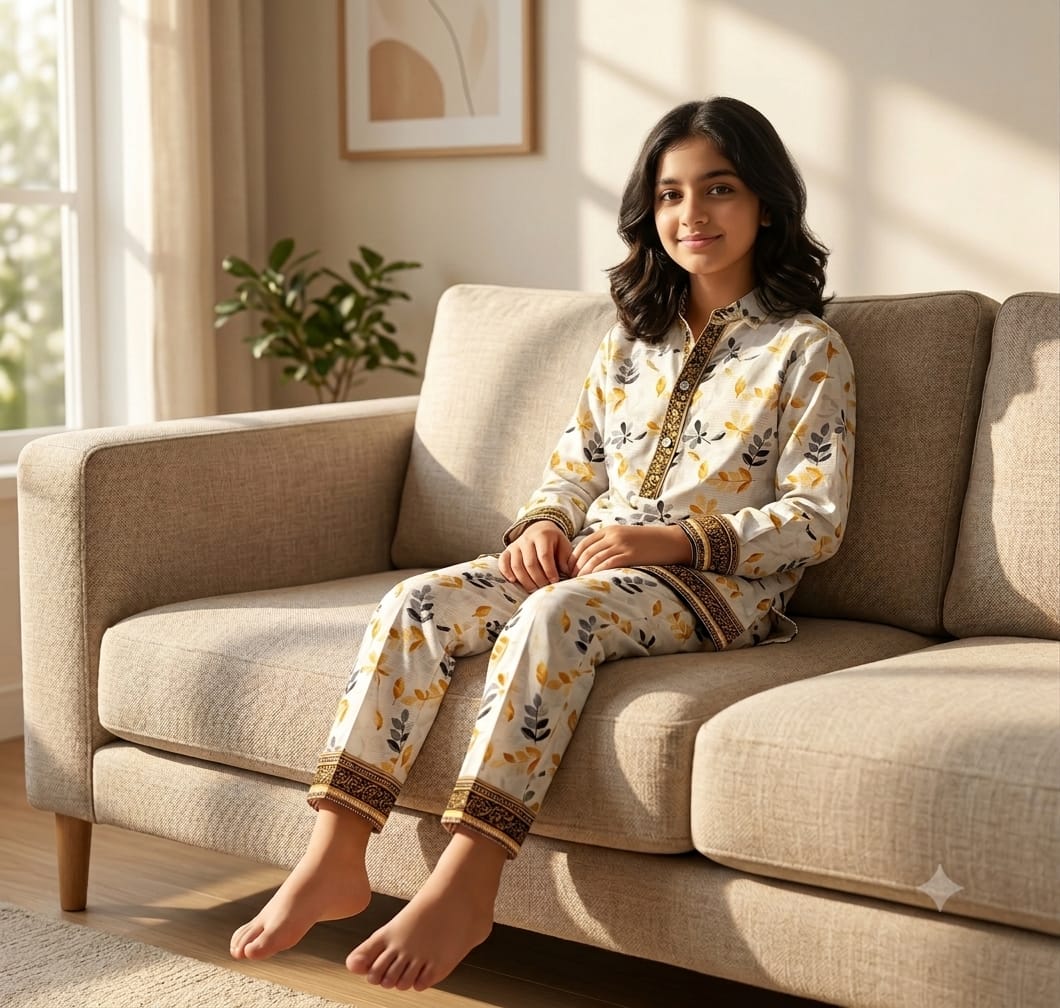 A young girl sits barefoot on a beige fabric sofa in a sunlit living room, wearing a cream pajama set with a yellow and gray floral print and brown decorative trim.