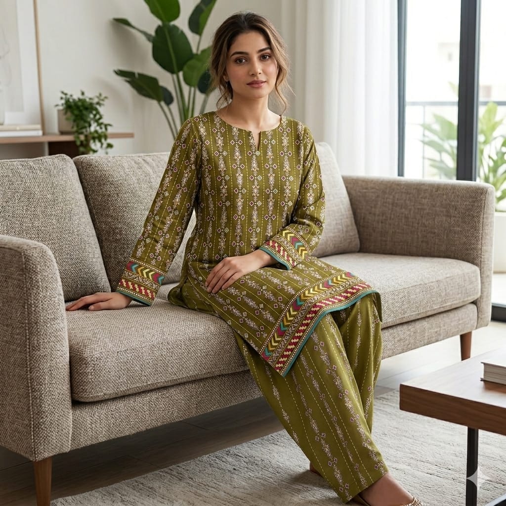A woman sits on a beige fabric sofa wearing an olive green traditional outfit with intricate multicolor embroidered patterns and a geometric border. The setting is a bright, modern living room with a window, plants, and a wooden coffee table.