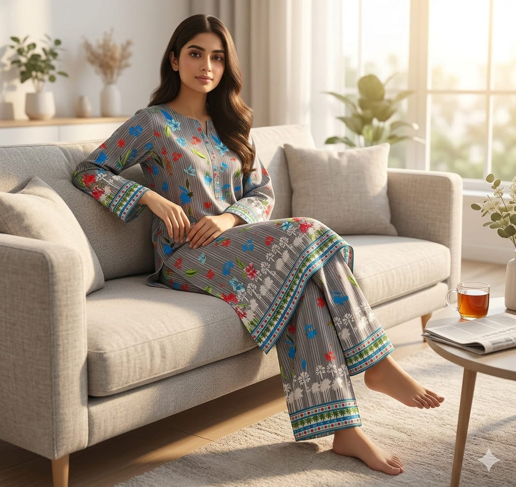A woman sits on a light beige sofa wearing a matching two-piece traditional outfit with a gray base and colorful floral and geometric patterns. The set includes a long-sleeve top and wide-leg pants, styled in a bright, modern living room with a window, plants, and a small side table.