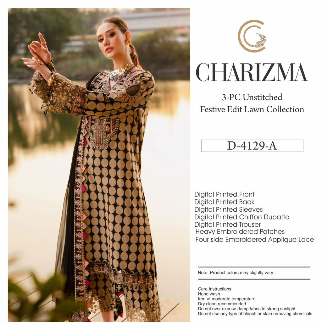 Charizma Digital Printed Lawn 3 Piece Suit with Embroidered Patches & Chiffon Dupatta | Sheikhani Clothing