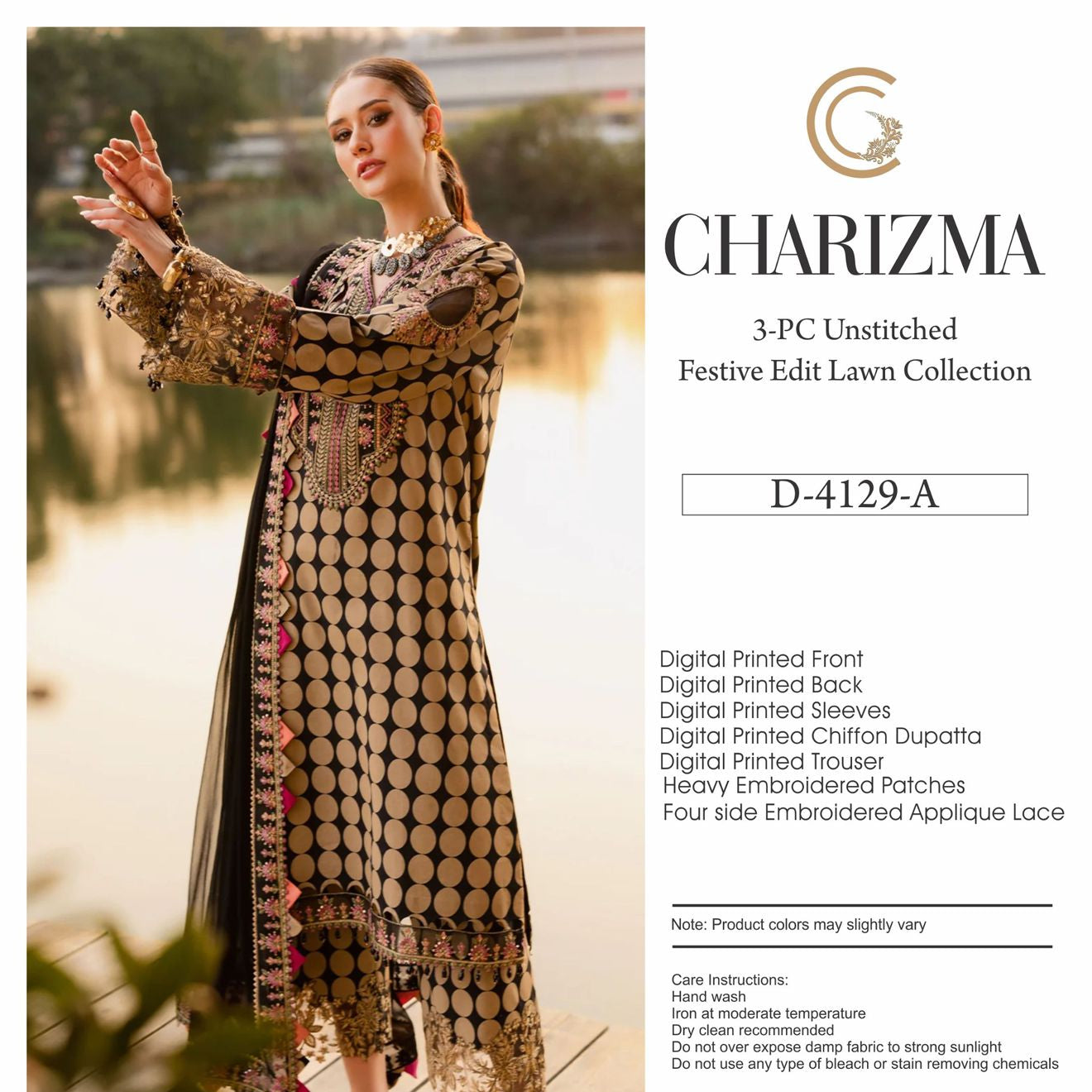 Charizma Digital Printed Lawn 3 Piece Suit with Embroidered Patches & Chiffon Dupatta | Sheikhani Clothing