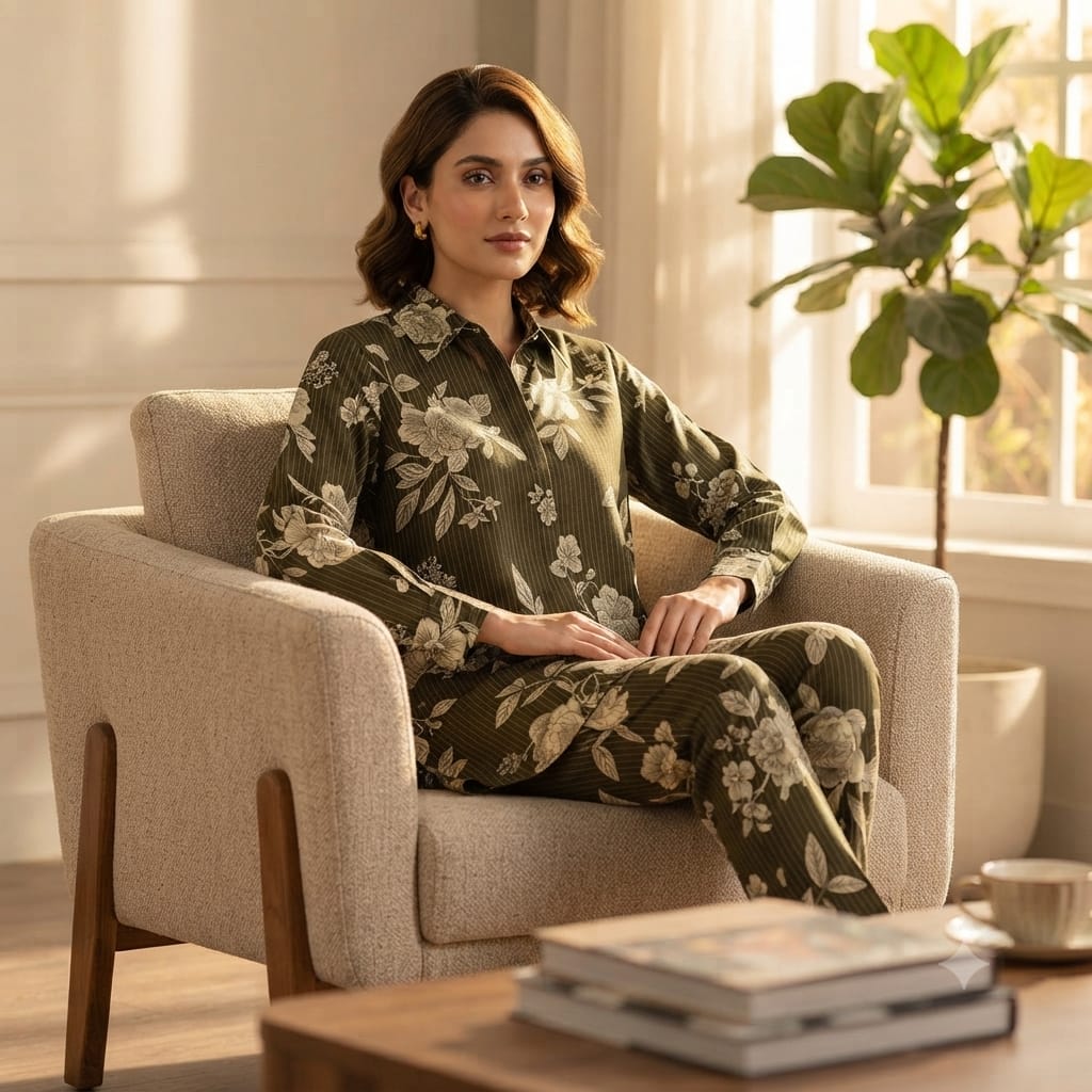 A woman sits in a beige armchair in a sunlit room, wearing a matching long-sleeve button-up shirt and pants set in olive green with a beige floral and leaf pattern.