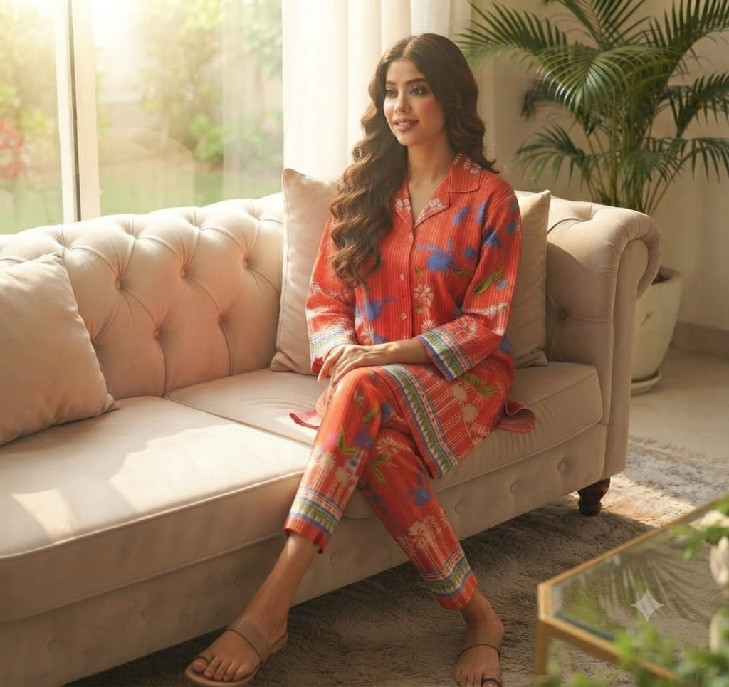 A woman wearing a red-orange patterned pajama set with blue and green accents sits on a beige tufted sofa in a bright living room.