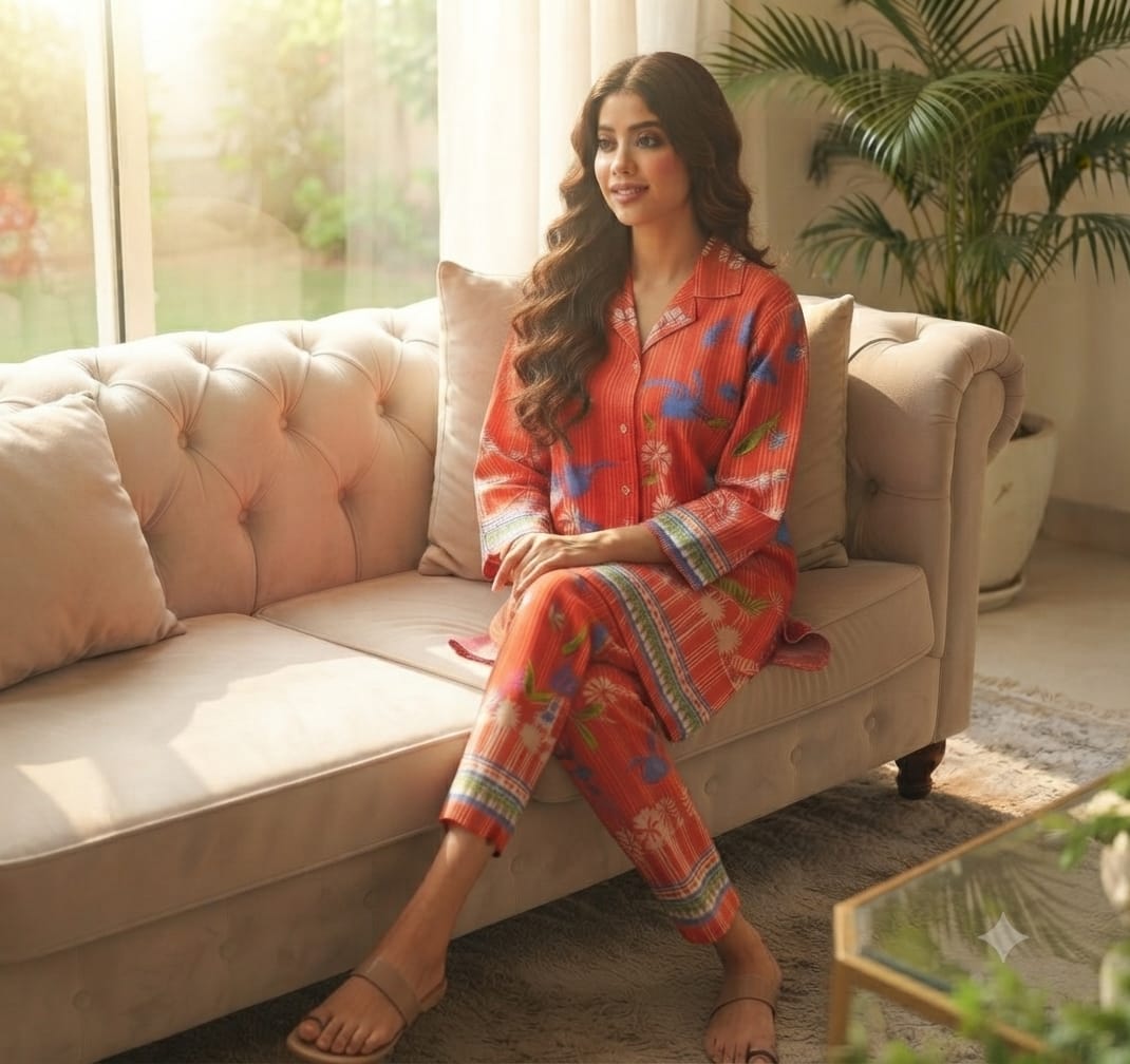 A woman wearing a red-orange patterned pajama set with blue and green accents sits on a beige tufted sofa in a bright living room.